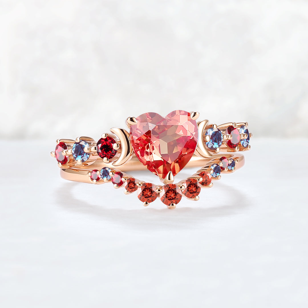 Heart Shape Lab Orange Sapphire Moon Seven Stone Gemstone Ring Set 2pcs