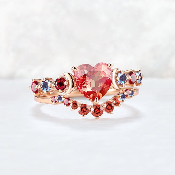 Heart Shape Lab Orange Sapphire Moon Seven Stone Gemstone Ring Set 2pcs