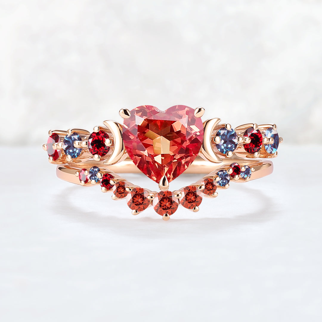 Heart Shape Lab Orange Sapphire Moon Seven Stone Gemstone Ring Set 2pcs