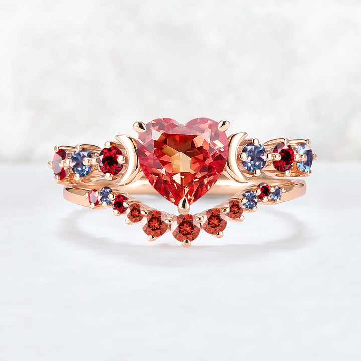 Heart Shape Lab Orange Sapphire Moon Seven Stone Gemstone Ring Set 2pcs