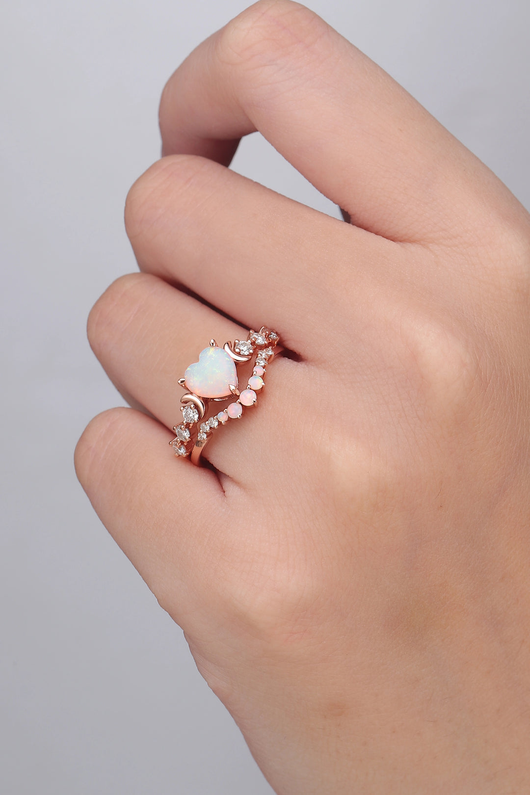 Heart Shape Opal Moon Seven Stone Gemstone Ring Set 2pcs