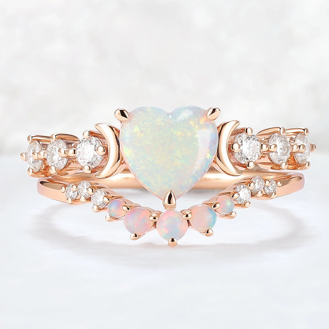 Heart Shape Opal Moon Seven Stone Gemstone Ring Set 2pcs