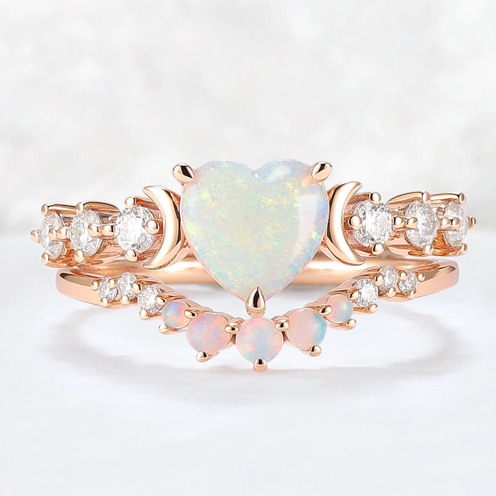 Heart Shape Opal Moon Seven Stone Gemstone Ring Set 2pcs