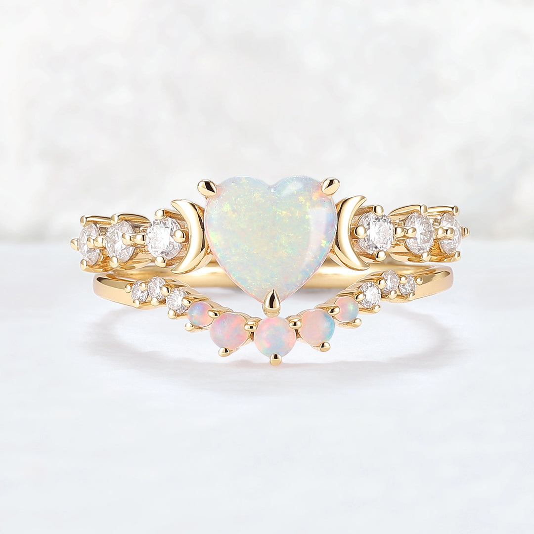 Heart Shape Opal Moon Seven Stone Gemstone Ring Set 2pcs