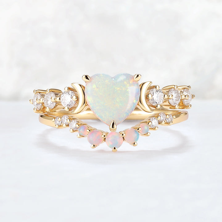 Heart Shape Opal Moon Seven Stone Gemstone Ring Set 2pcs