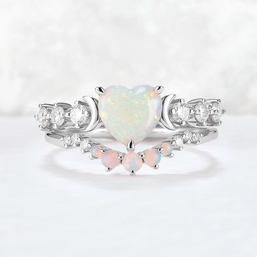 Heart Shape Opal Moon Seven Stone Gemstone Ring Set 2pcs