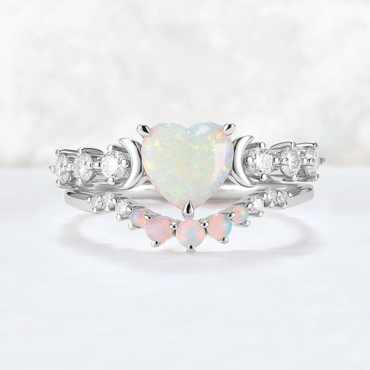 Heart Shape Opal Moon Seven Stone Gemstone Ring Set 2pcs