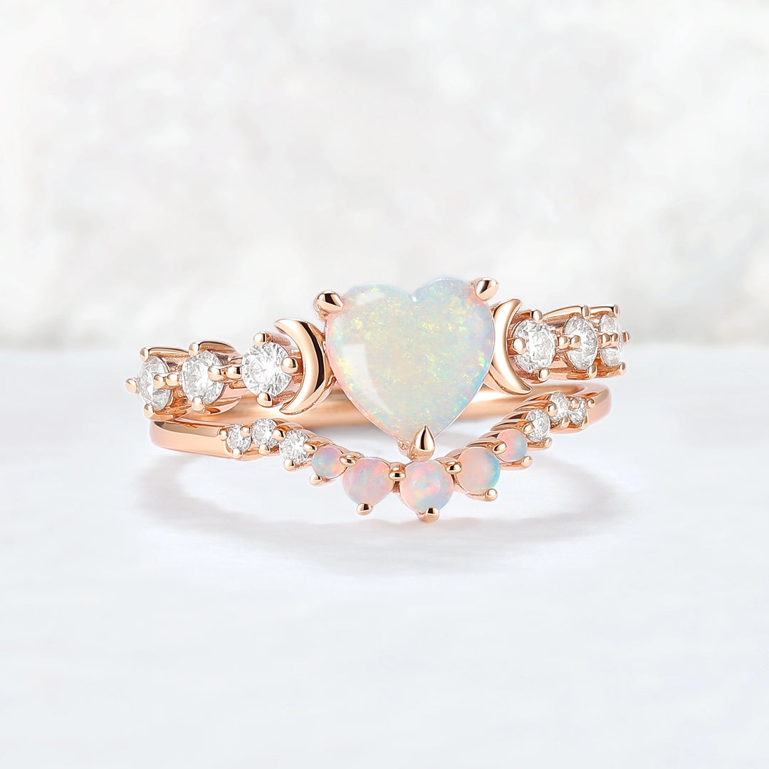 Heart Shape Opal Moon Seven Stone Gemstone Ring Set 2pcs