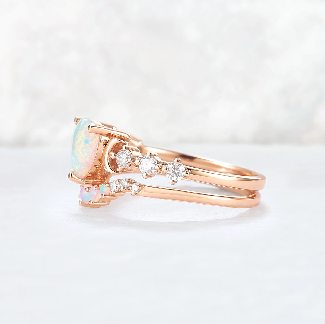 Heart Shape Opal Moon Seven Stone Gemstone Ring Set 2pcs