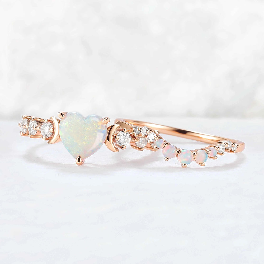 Heart Shape Opal Moon Seven Stone Gemstone Ring Set 2pcs