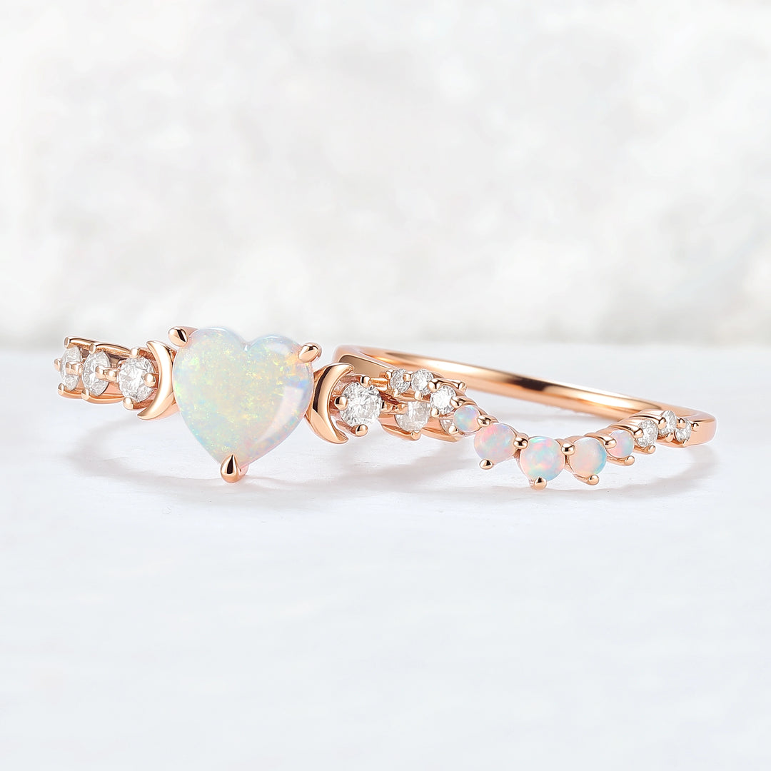 Heart Shape Opal Moon Seven Stone Gemstone Ring Set 2pcs