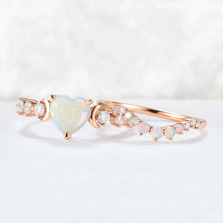 Heart Shape Opal Moon Seven Stone Gemstone Ring Set 2pcs