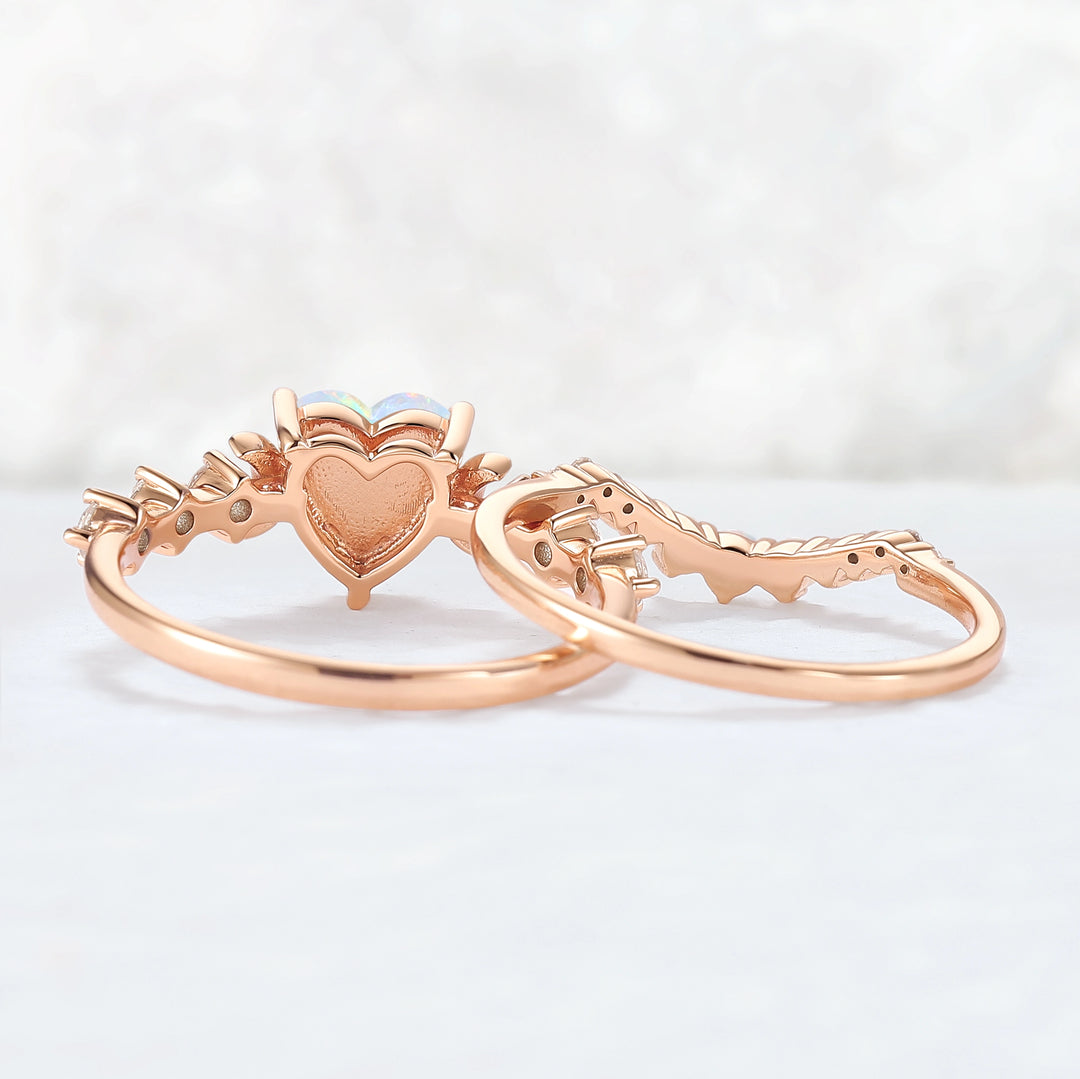Heart Shape Opal Moon Seven Stone Gemstone Ring Set 2pcs