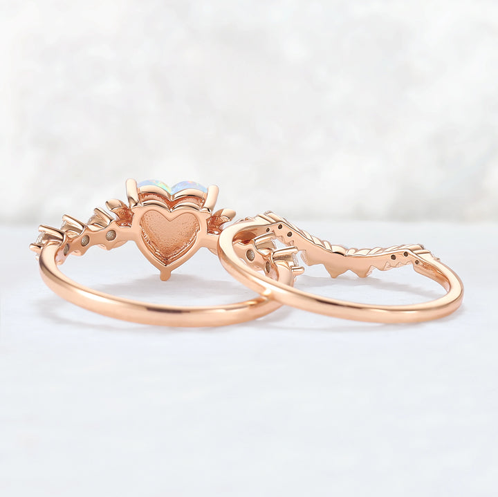 Heart Shape Opal Moon Seven Stone Gemstone Ring Set 2pcs