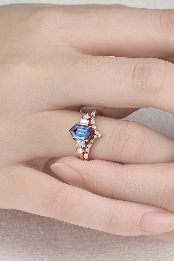 Hexagon Cut Alexandrite Five Stone Gemstone Ring Set 2pcs