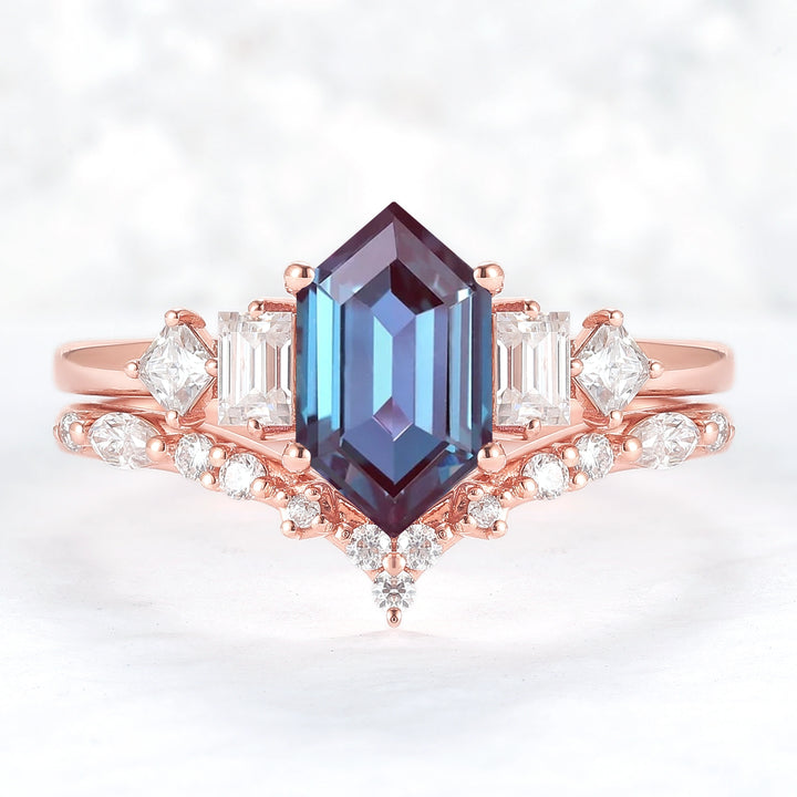 Hexagon Cut Alexandrite Five Stone Gemstone Ring Set 2pcs