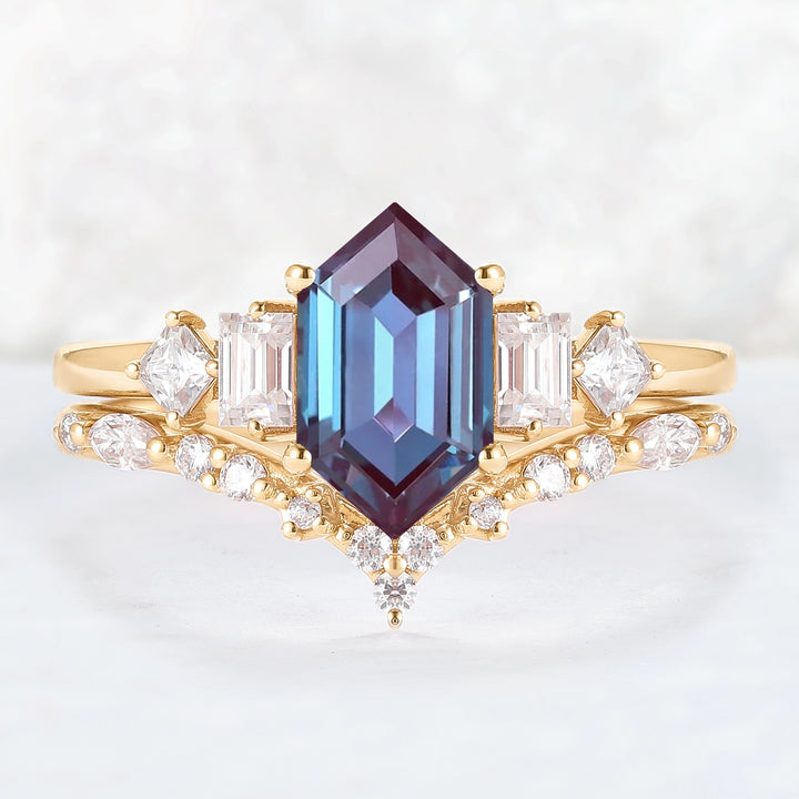 Hexagon Cut Alexandrite Five Stone Gemstone Ring Set 2pcs