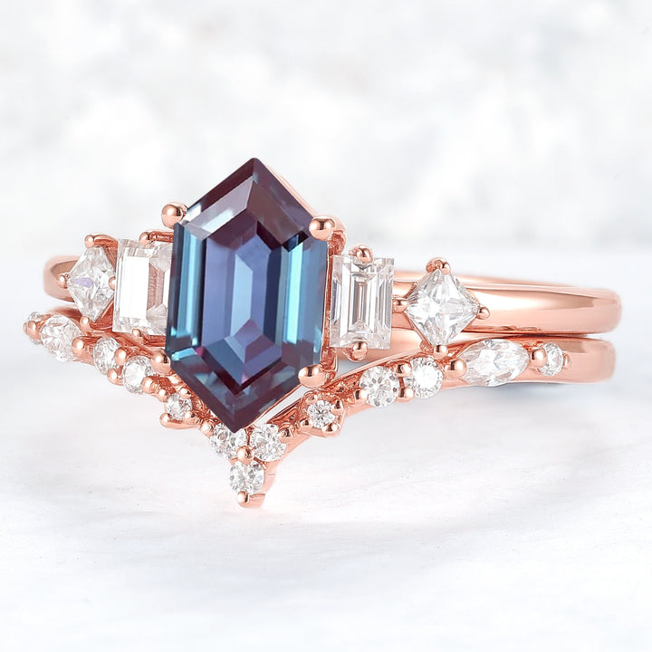 Hexagon Cut Alexandrite Five Stone Gemstone Ring Set 2pcs - Iver Jewelry