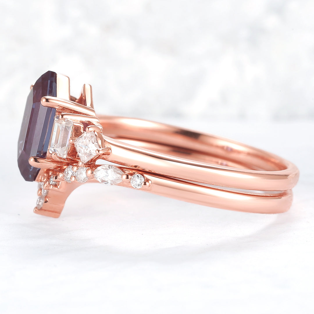 Hexagon Cut Alexandrite Five Stone Gemstone Ring Set 2pcs - Iver Jewelry