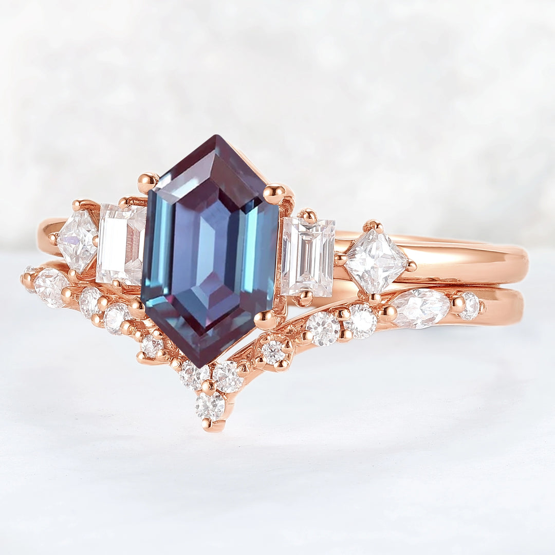 Hexagon Cut Alexandrite Five Stone Gemstone Ring Set 2pcs