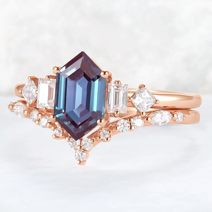 Hexagon Cut Alexandrite Five Stone Gemstone Ring Set 2pcs