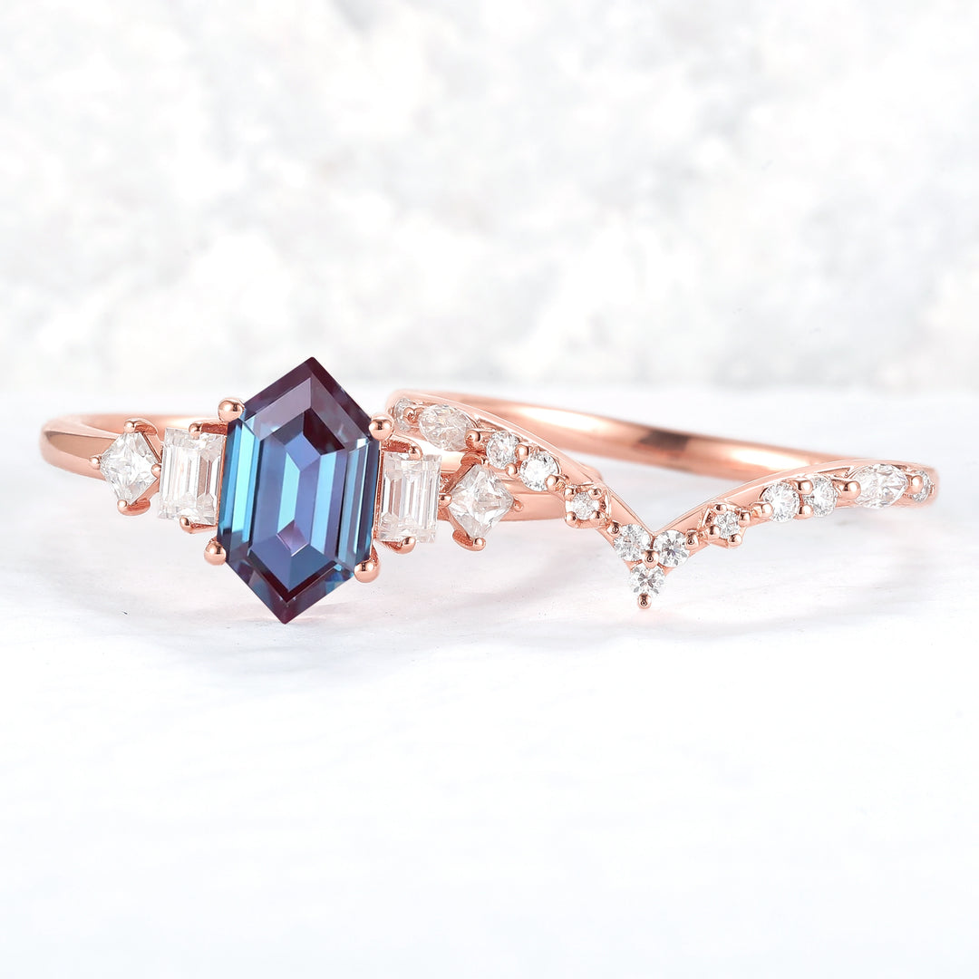 Hexagon Cut Alexandrite Five Stone Gemstone Ring Set 2pcs - Iver Jewelry