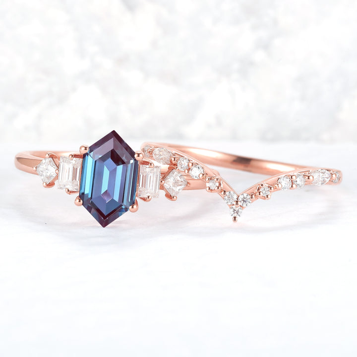 Hexagon Cut Alexandrite Five Stone Gemstone Ring Set 2pcs - Iver Jewelry