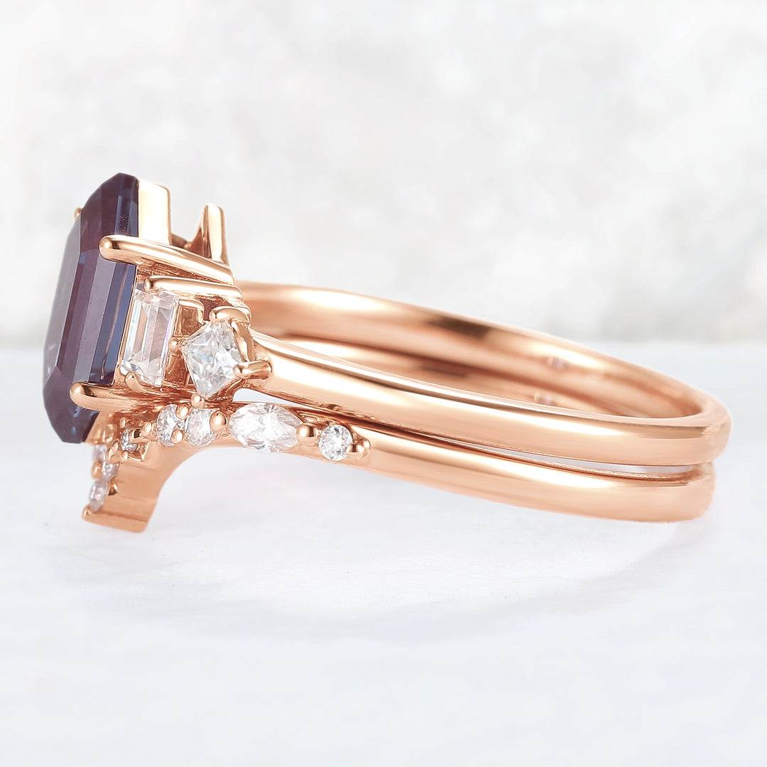 Hexagon Cut Alexandrite Five Stone Gemstone Ring Set 2pcs