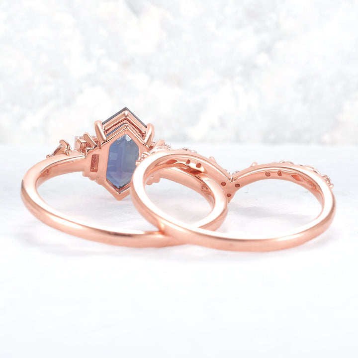 Hexagon Cut Alexandrite Five Stone Gemstone Ring Set 2pcs - Iver Jewelry