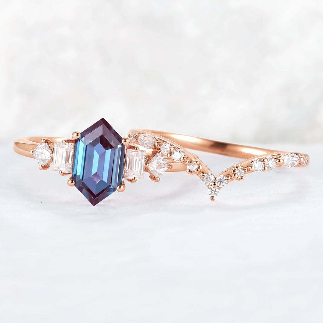 Hexagon Cut Alexandrite Five Stone Gemstone Ring Set 2pcs