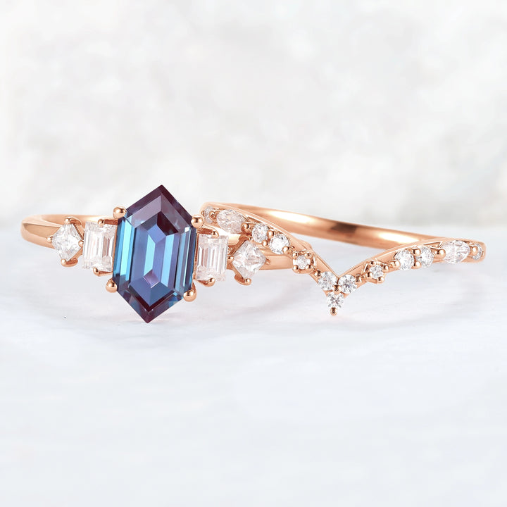 Hexagon Cut Alexandrite Five Stone Gemstone Ring Set 2pcs