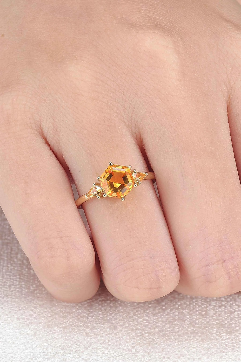 Hexagon Cut Citrine Three Stones Gemstone Ring
