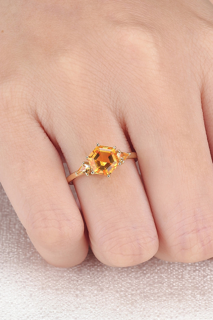 Hexagon Cut Citrine Three Stones Gemstone Ring