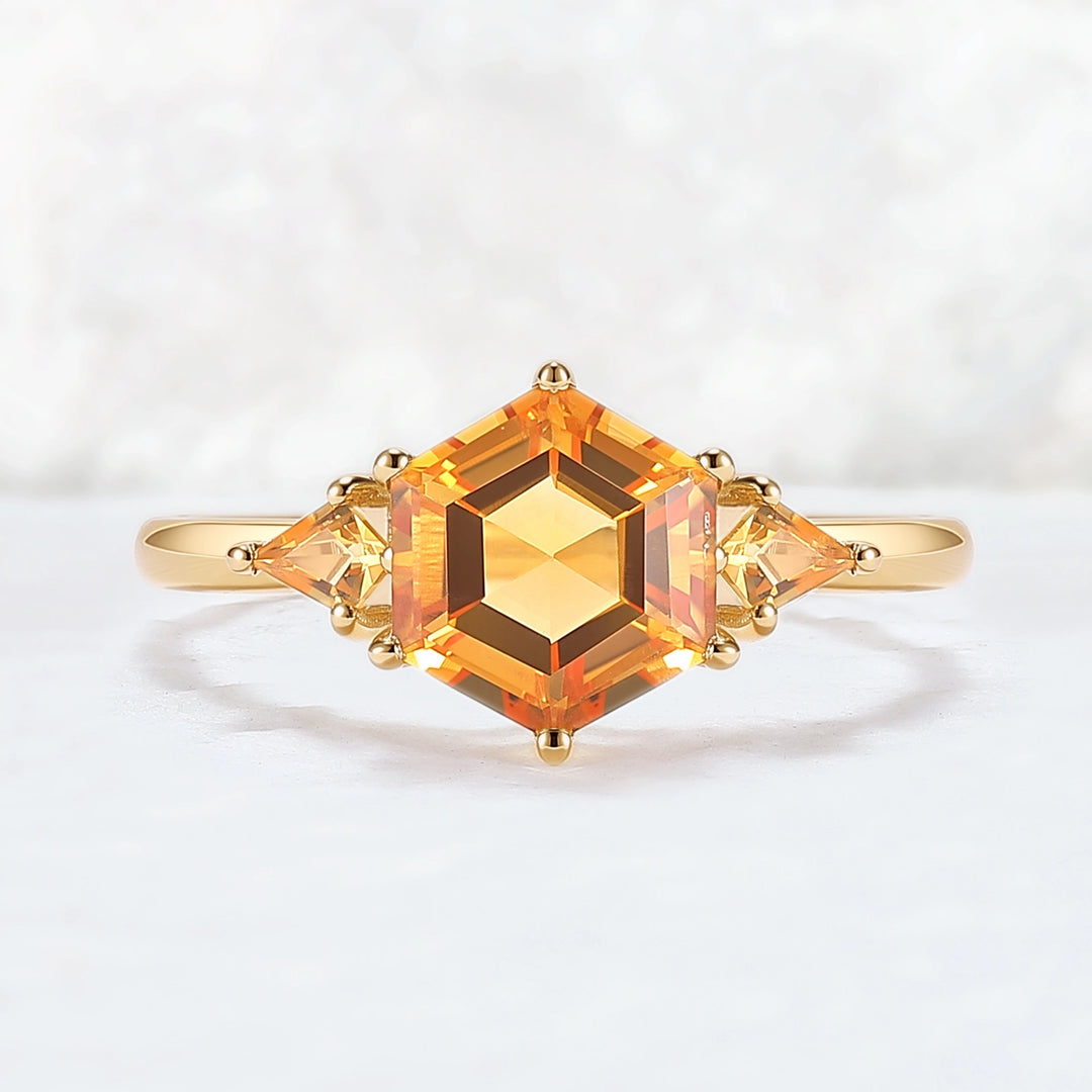 Hexagon Cut Citrine Three Stones Gemstone Ring