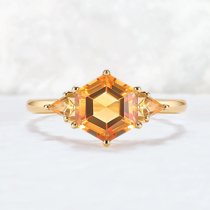 Hexagon Cut Citrine Three Stones Gemstone Ring