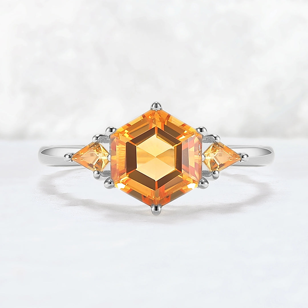 Hexagon Cut Citrine Three Stones Gemstone Ring