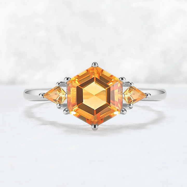 Hexagon Cut Citrine Three Stones Gemstone Ring