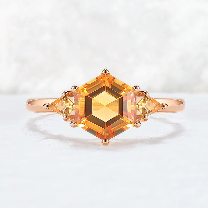 Hexagon Cut Citrine Three Stones Gemstone Ring