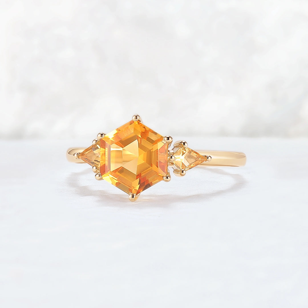 Hexagon Cut Citrine Three Stones Gemstone Ring