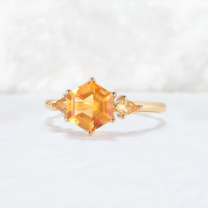 Hexagon Cut Citrine Three Stones Gemstone Ring