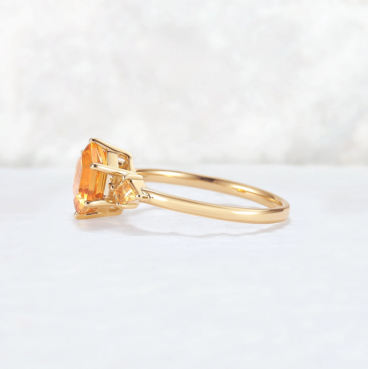 Hexagon Cut Citrine Three Stones Gemstone Ring