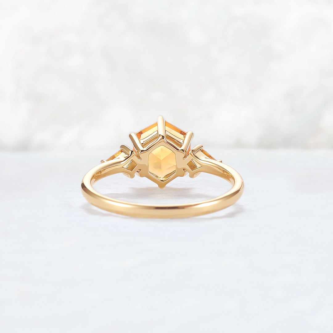 Hexagon Cut Citrine Three Stones Gemstone Ring