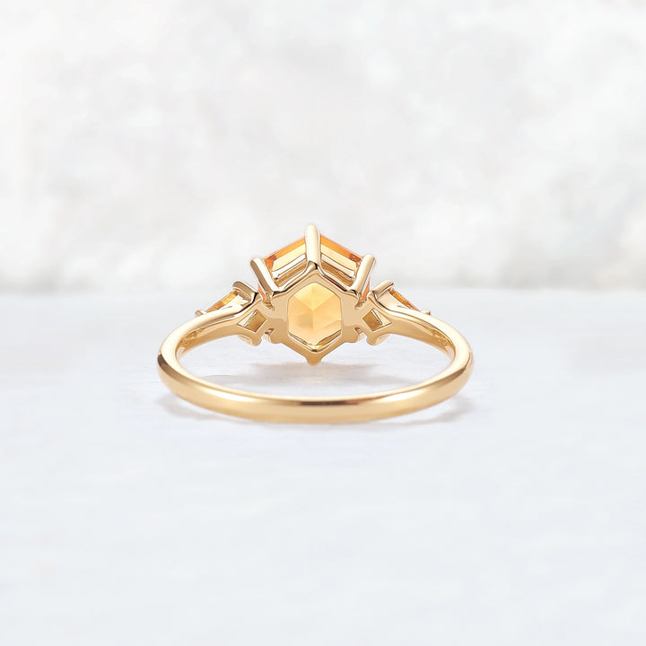 Hexagon Cut Citrine Three Stones Gemstone Ring