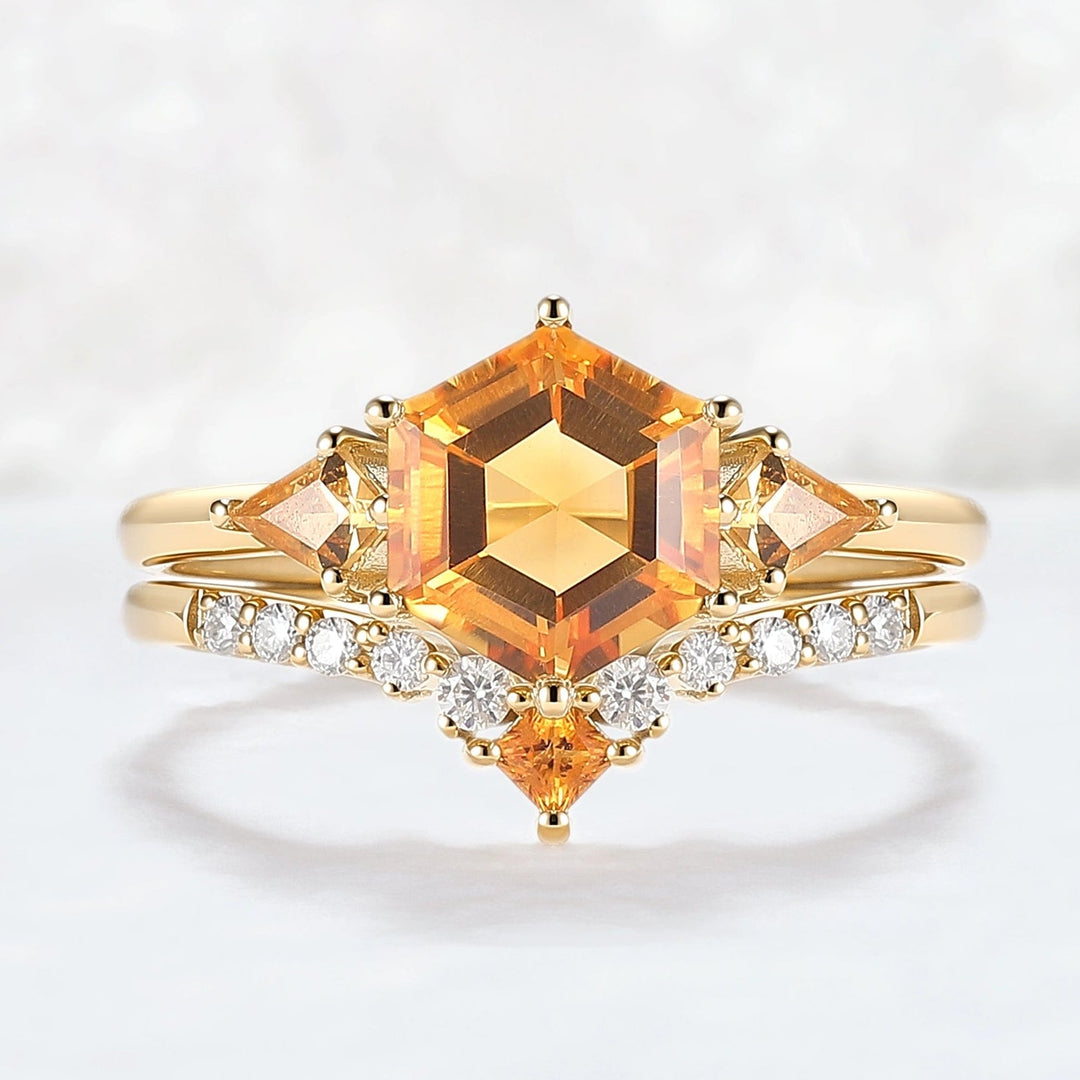 Hexagon Cut Citrine Three Stones Gemstone Ring Set 2pcs