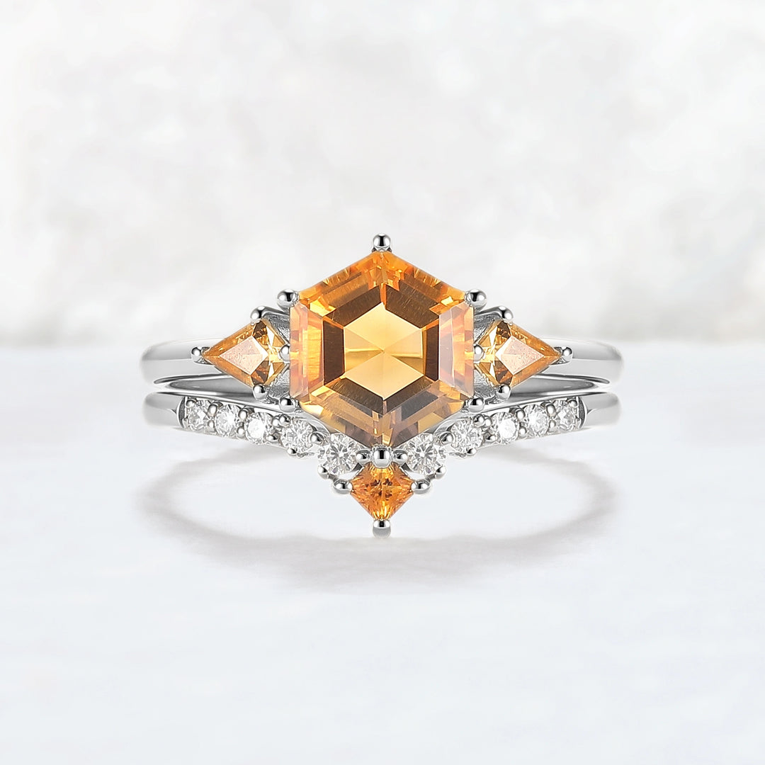 Hexagon Cut Citrine Three Stones Gemstone Ring Set 2pcs