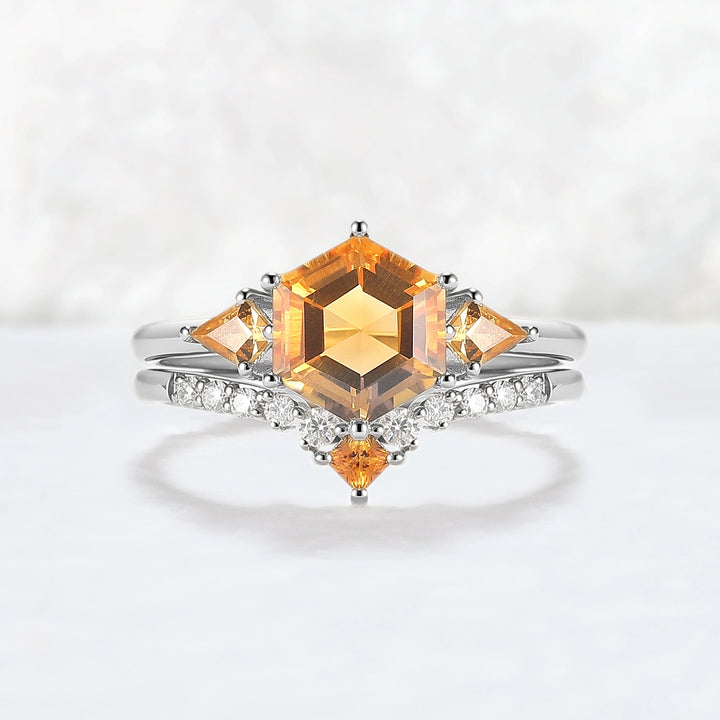Hexagon Cut Citrine Three Stones Gemstone Ring Set 2pcs