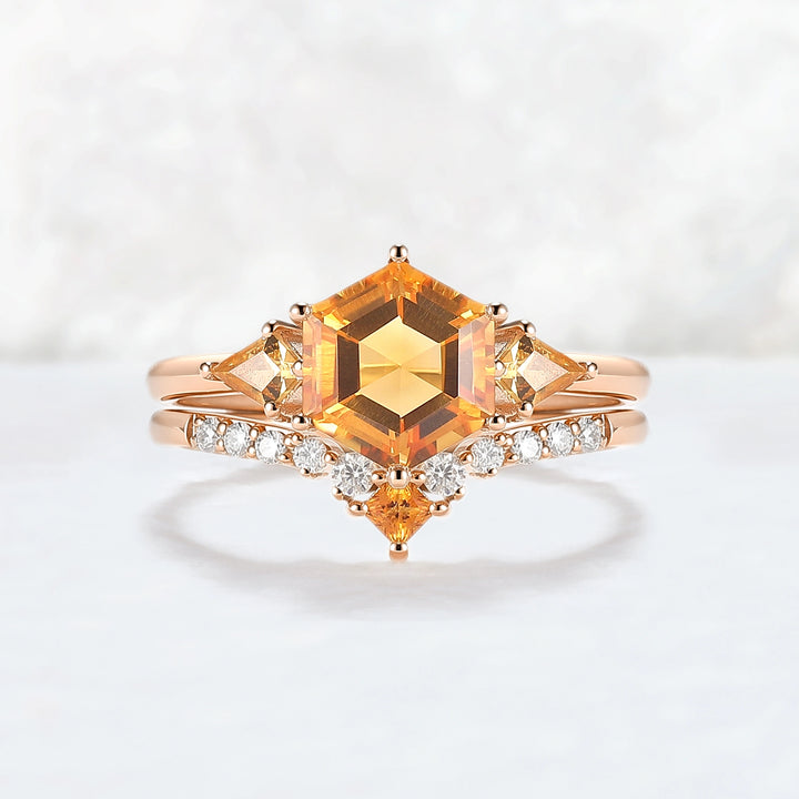 Hexagon Cut Citrine Three Stones Gemstone Ring Set 2pcs