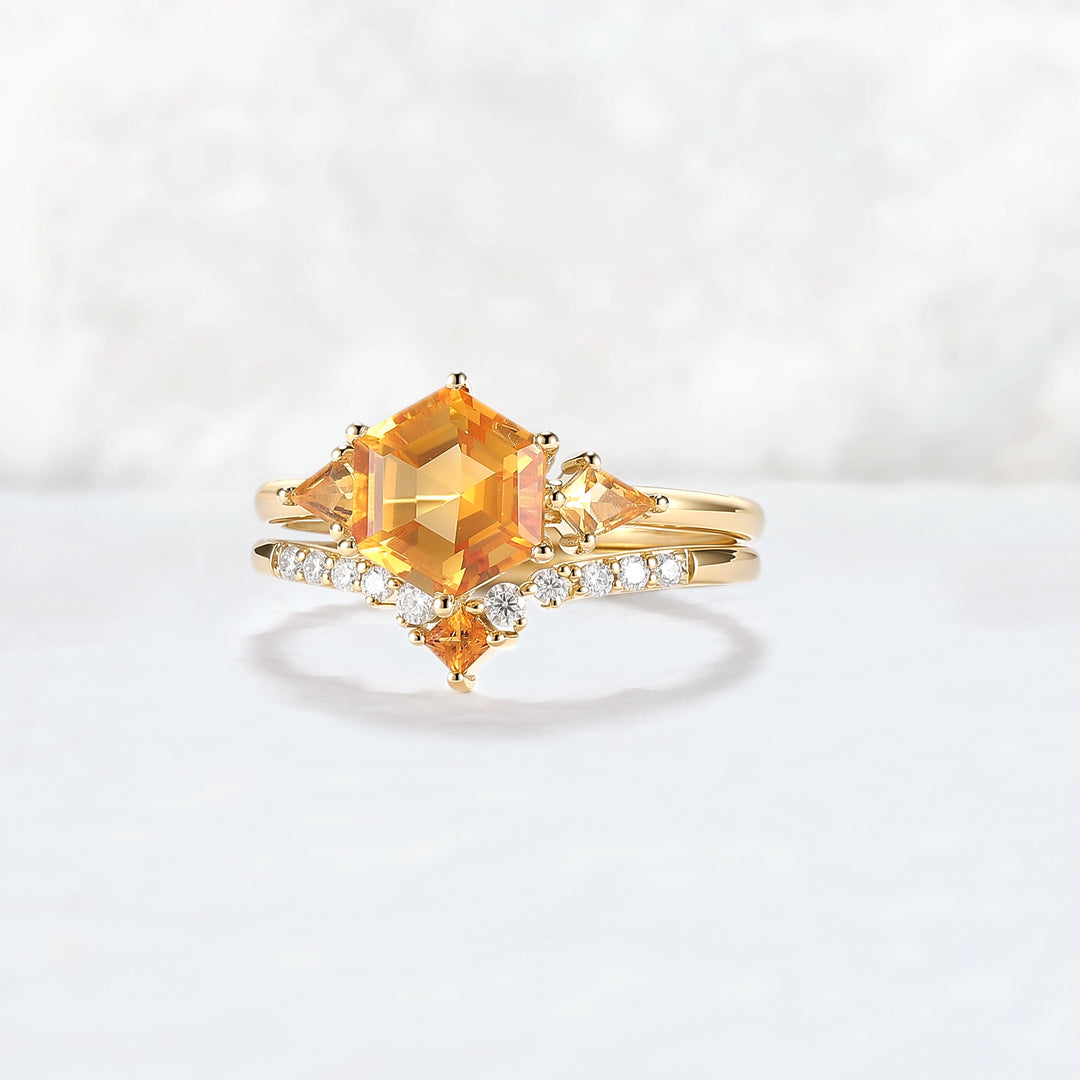 Hexagon Cut Citrine Three Stones Gemstone Ring Set 2pcs