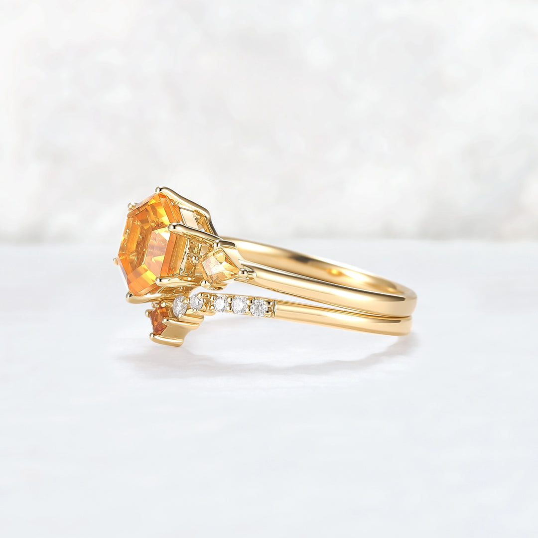 Hexagon Cut Citrine Three Stones Gemstone Ring Set 2pcs