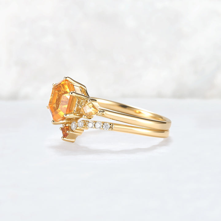 Hexagon Cut Citrine Three Stones Gemstone Ring Set 2pcs